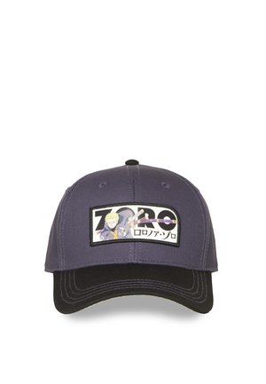 Casquette de baseball avec une couronne gris foncé et une visière noire, avec un patch représentant un personnage d'anime, des épées et le texte "Zoro" en anglais et en japonais.
