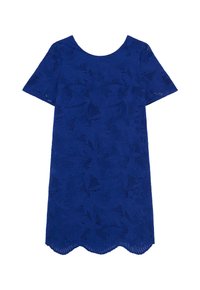 Robe bleue à manches courtes avec un motif floral découpé au laser, ourlée d'un bord festonné, fabriquée en tissu texturé.