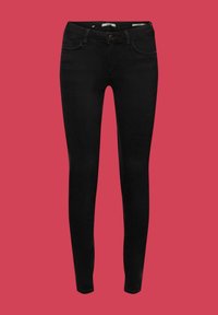 Jeans negros ajustados con una textura suave, diseño de cinco bolsillos, trabillas para el cinturón y cierre de botón. Adecuados para un uso casual.