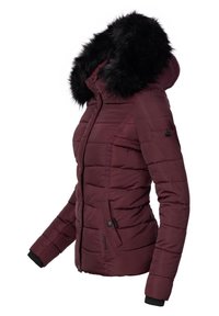 Burgundy puffer jacket with a faux fur hood, featuring quilted texture, zip closure, and ribbed cuffs. Includes side pockets.