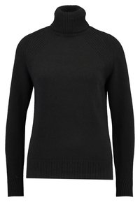 Černý rolákový svetr z pletené látky, s žebrovanou strukturou na límci a ramenou, s dlouhými rukávy a přiléhavým lemem.