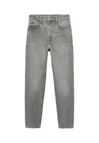 Šedé džíny z denimu s vysokým pasem, zúženými nohavicemi a jemným vyblednutím. Obsahují klasický pětivreckový design a prošívaný detail pasu.
