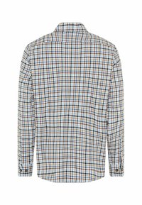 Langärmliges Hemd mit karierter Musterung in Blau, Braun und Weiß. Verfügt über einen Kragen und Knopfdetails an den Manschetten.