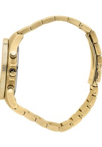 Guldtonet metal armbåndsur med en struktureret bezel, tre trykknapper og et linkarmbånd. Overfladen har en glat, reflekterende finish.
