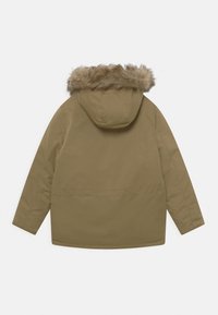 Brown winter jacket with long sleeves and hood trimmed with light brown faux fur, shown from the back on white background.