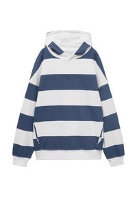 Felpa a righe blu navy e bianco in cotone, con tasca a marsupio, cappuccio con cordino e polsini a coste con fessure laterali.