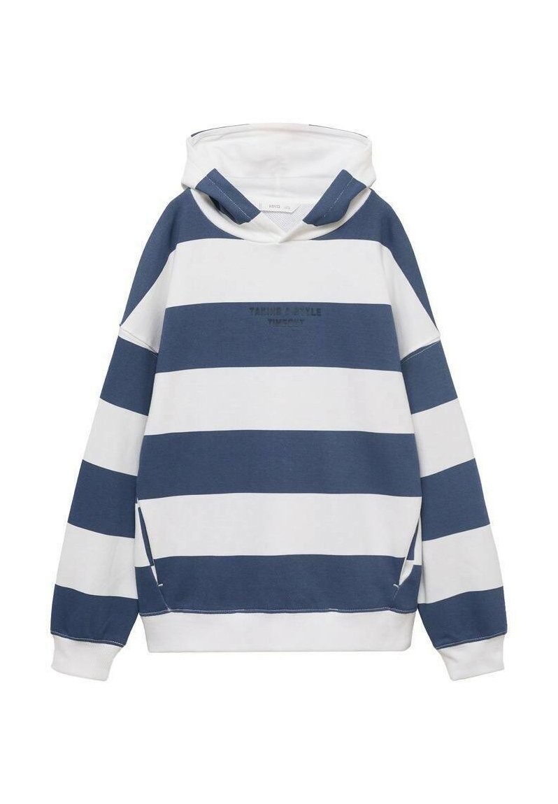 Felpa a righe blu navy e bianco in cotone, con tasca a marsupio, cappuccio con cordino e polsini a coste con fessure laterali.