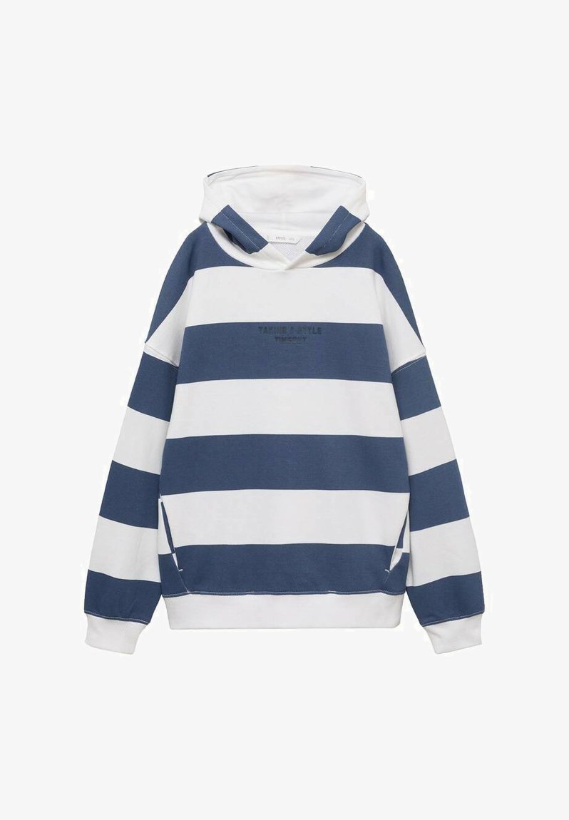 Felpa a righe blu navy e bianco in cotone, con tasca a marsupio, cappuccio con cordino e polsini a coste con fessure laterali.