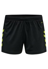 Shorts de sport noirs avec taille élastique et trois bandes diagonales jaune fluo de chaque côté.