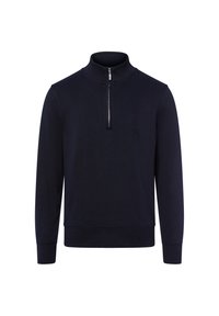 Marineblauer Langarm-Pullover mit Viertel-Reißverschluss und gerippten Bündchen und Saum, dargestellt auf einem weißen Hintergrund.