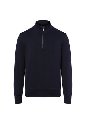 Navy blue long-sleeve pullover with a quarter-zip and ribbed cuffs and hem, displayed on a white background.