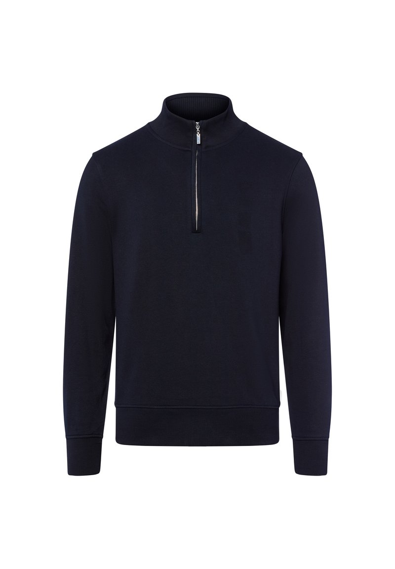 Marineblauer Langarm-Pullover mit Viertel-Reißverschluss und gerippten Bündchen und Saum, dargestellt auf einem weißen Hintergrund.