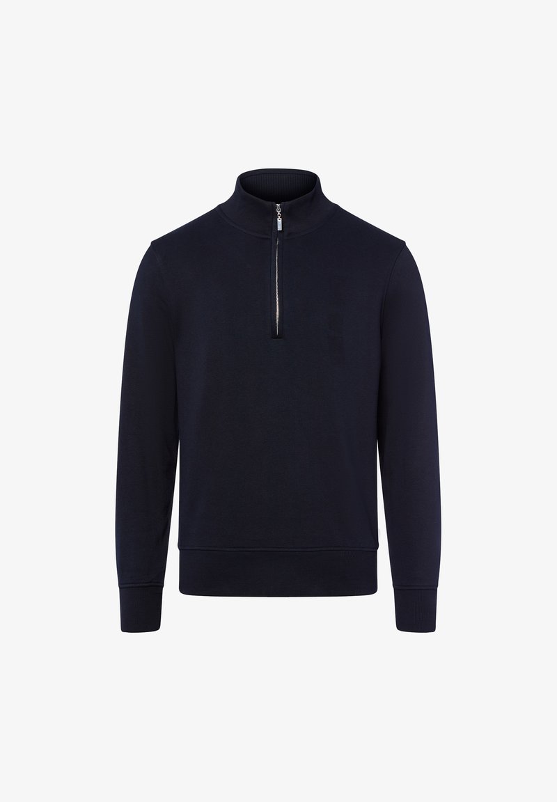 Marineblauer Langarm-Pullover mit Viertel-Reißverschluss und gerippten Bündchen und Saum, dargestellt auf einem weißen Hintergrund.