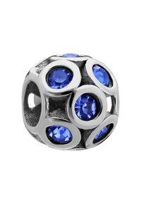 Silberner Perle mit sechs blauen, facettierten Glassteinen, kreisförmiges Design mit offenen Formen, strukturierten Oberflächen um die Steine.