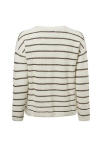 Crème trui met horizontale bruine strepen. Kenmerkt zich door een zachte, textuurstof, ronde halslijn en verlaagde schouders. Achteraanzicht weergegeven.