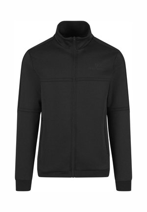 Sort zip-up jakke lavet af blødt stof, med høj krave, fremadskuende sømme og logo detaljer øverst til venstre. Glat tekstur, tætsiddende design.