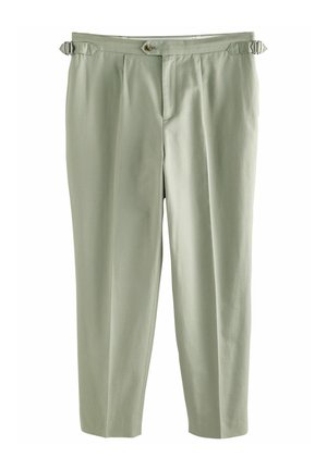 Pantaloni verde chiaro con vestibilità su misura, caratterizzati da pieghe, chiusura con bottone e cinturini laterali regolabili. Tessuto liscio e lunghezza cropped.