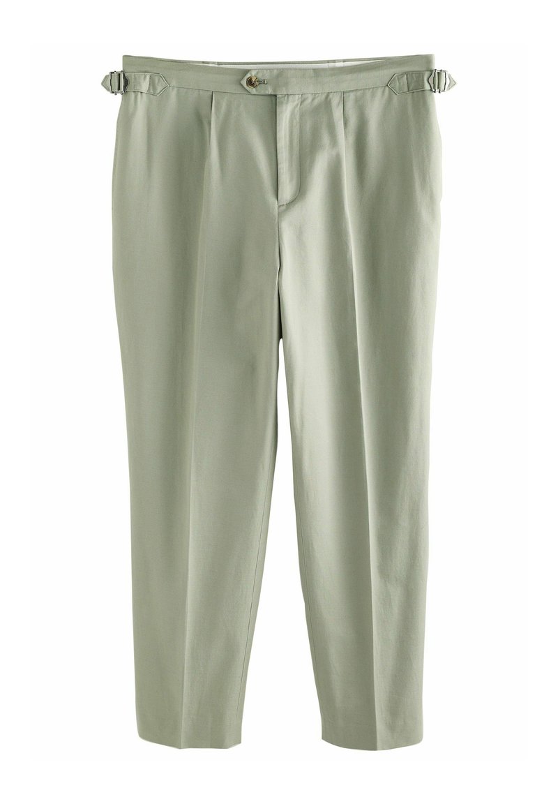 Pantalons vert clair avec une coupe ajustée, dotés de plis, d'une fermeture à bouton et de sangles latérales ajustables. Texture lisse et longueur raccourcie.