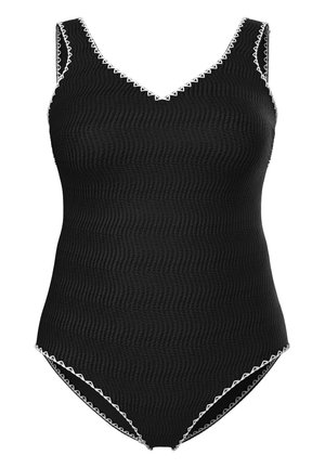 Bañador de una pieza negro con textura, con escote en V y ribete blanco en zigzag a lo largo de los bordes y las sisas.