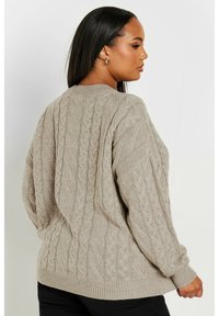 Suéter de punto trenzado en beige claro, con cuello redondo, puños acanalados y un patrón texturizado de cables entrelazados en la parte posterior.