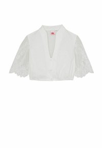 Weiße Bluse mit V-Ausschnitt, kurzen Ärmeln und Spitzenakzenten. Der Stoff ist glatt, mit Knöpfen vorne und einem taillierten Saum.