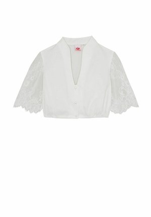 Chemisier blanc avec un décolleté en V, manches courtes mettant en valeur des accents en dentelle. Le tissu est lisse avec des boutons sur le devant et un ourlet ajusté.