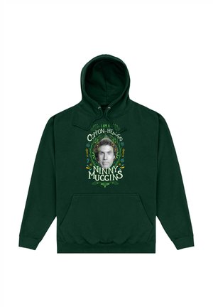 Dark green cotton hoodie featuring a front pocket, drawstring hood, and graphic text "I AM A COTTON-HEADED NINNY MUGGINS" with decorative elements.