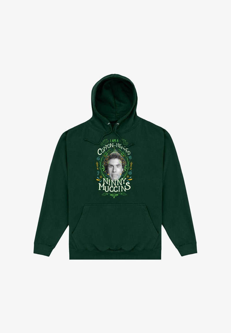 Felpa con cappuccio verde scuro in cotone con tasca frontale, cappuccio con coulisse e testo grafico "I AM A COTTON-HEADED NINNY MUGGINS" con elementi decorativi.