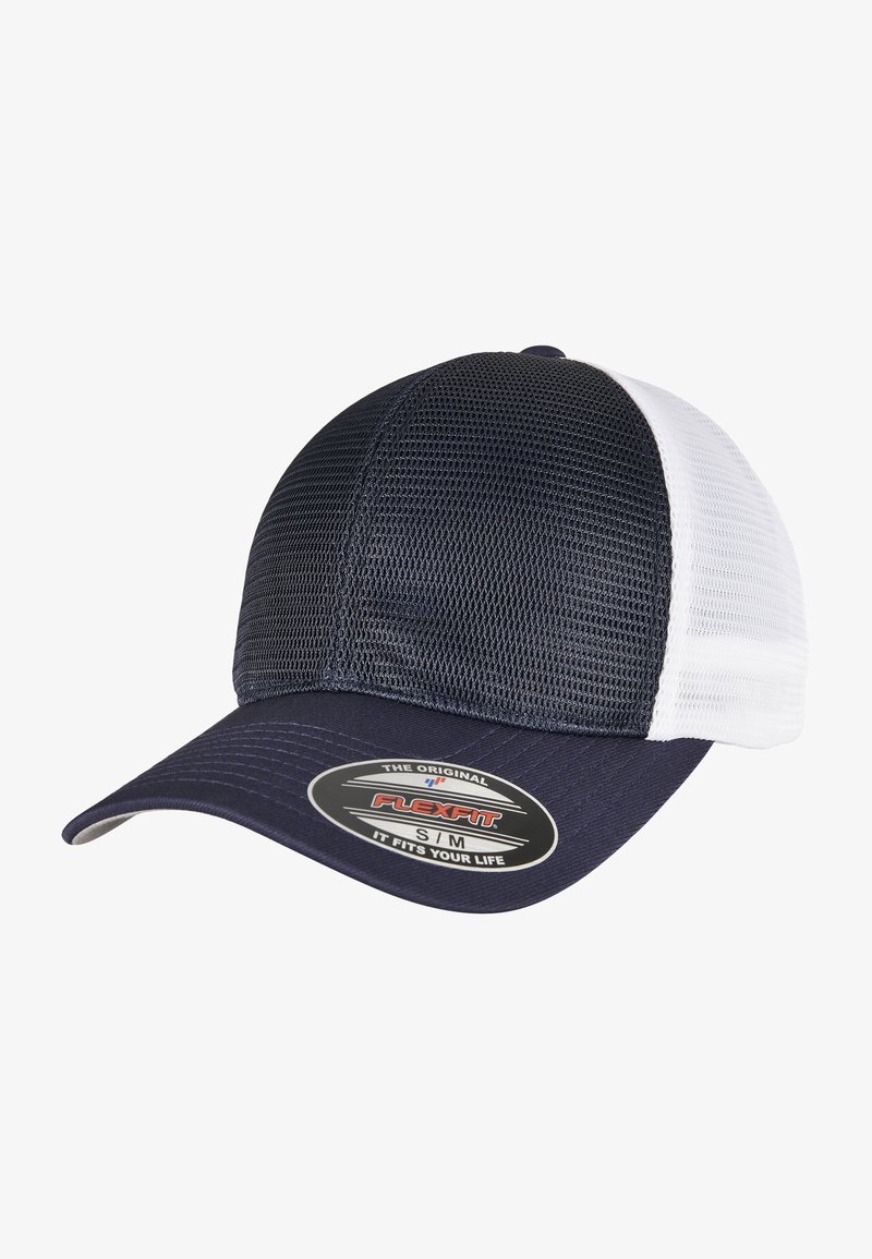 Navy and white trucker cap with a mesh back, curved visor, and a Flexfit label. Features a structured design for adjustable fit.