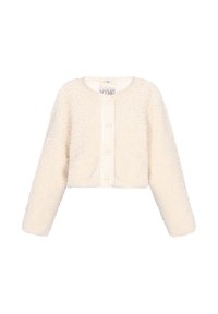 Cardigan corto color crema realizzato in tessuto morbido e soffice, con due grandi bottoni frontali e maniche lunghe. Collo rotondo senza colletto.