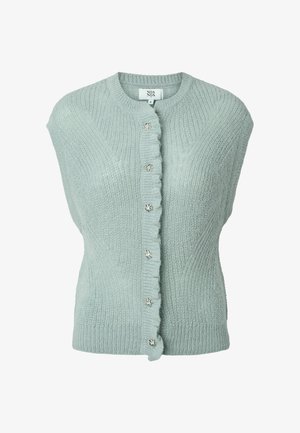 Lichtgroene gebreide cardigan met korte mouwen, geribbeld textuur en een ruches knoopsluiting met decoratieve knopen.