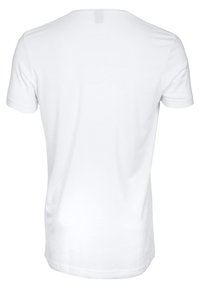 Witte katoenen T-shirt, korte mouwen, ronde hals. Glad oppervlak, zonder patronen. Eenvoudig, onversierd achteraanzicht, normale pasvorm.