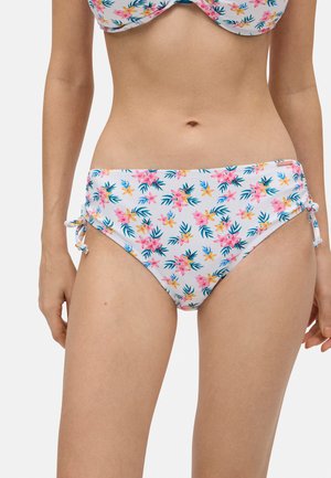 Bikini inferior floral en blanco con flores rosas y amarillas. Cuenta con lazos laterales y una tela suave y elástica para mayor comodidad.