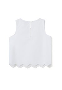 Top bianco senza maniche con orlo a scallop, chiusura a chiave sul retro e texture del tessuto liscia. Design semplice senza motivi aggiuntivi.