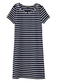 Robe à manches courtes à rayures horizontales bleu marine et blanc, avec un col rond et une broderie florale près du col.
