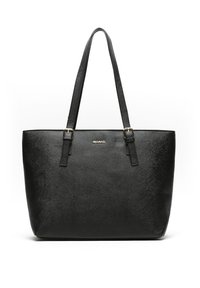 Sort syntetisk totebag med tekstureret overflade, guld hardware-accenter og to solide håndtag til nem bæring.