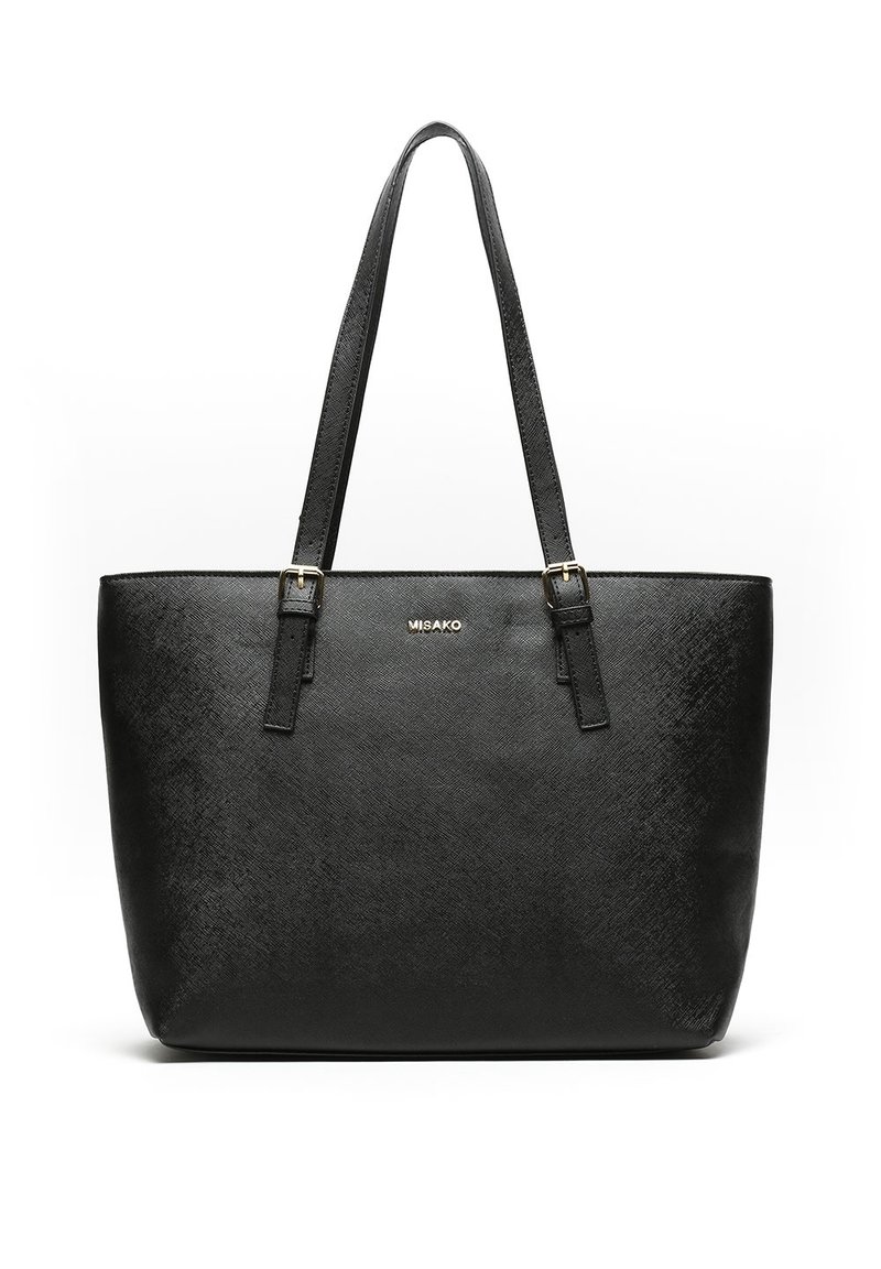 Sort syntetisk totebag med tekstureret overflade, guld hardware-accenter og to solide håndtag til nem bæring.