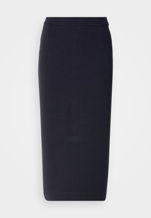 Navy blue, knee-length pencil skirt with a fitted waist and a straight silhouette against a white background.