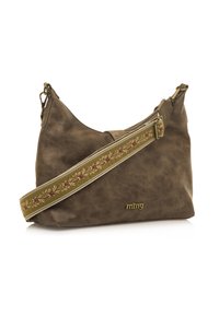 Braune Leder-Umhängetasche mit strukturierter Oberfläche, ausgestattet mit einem gemusterten Tragegurt in Grün mit floralen Akzenten und einem goldenen Logodetail.