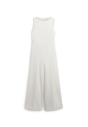 Weißer ärmelloserJumpsuit mit Rundhalsausschnitt, weitem Bein und Plissee-Details. Hergestellt aus glattem Stoff mit seitlichen Taschen und einem Reißverschluss.
