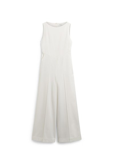 Witte mouwloze jumpsuit met een ronde halslijn, wijde benen en geplooide details. Gemaakt van soepele stof met zijzakken en een ritssluiting.