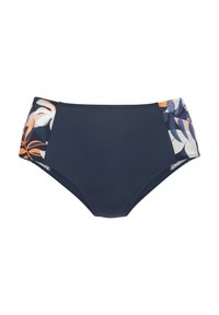 Bas de bikini taille haute en tissu bleu marine, avec des panneaux latéraux imprimés de fleurs en orange, crème et bleu, offrant une texture lisse et une couvrance modérée.