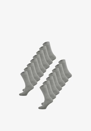 Calcetines de algodón grises dispuestos en un patrón diagonal, con un puño acanalado y textura suave. Consta de varios pares.