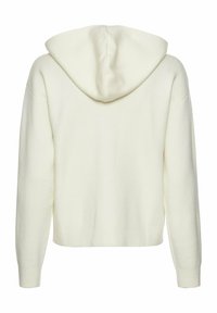 Afgekorte witte hoodie met een zachte textuur, verstelbare capuchon en lange mouwen. Naadloze achterkant, geen zichtbare branding of patronen.