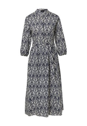 Bloemenbedrukte jurk met een marineblauw en off-white bladerenpatroon, knoopsluiting bij de kraag, lange pofmouwen en een strikceintuur. Katoenen materiaal.