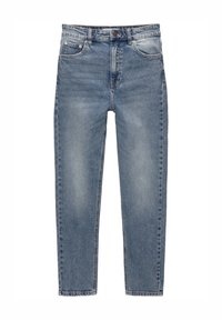 Jean en denim bleu à taille haute, fermeture par boutons, poches avant et légère décoloration au niveau des cuisses.