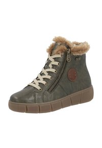 Baskets montantes en simili cuir vert avec col en fourrure, lacets beige, fermeture éclair sur le côté et semelle en caoutchouc à texture nervurée.