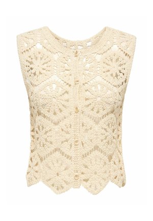 Gilet beige sans manches en crochet avec motifs floraux et fermeture boutonnée sur le devant.