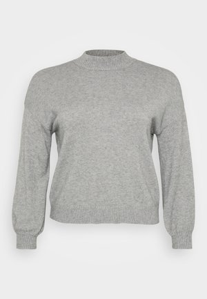 Light grey knitted sweater with long sleeves, ribbed crew neckline, cuffs, and hem, displayed on a white background.