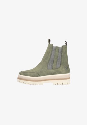 Bottines chelsea en daim vert avec des panneaux élastiques sur les côtés, des accents texturés et une semelle blanche épaisse, dotées d'une languette à l'arrière.